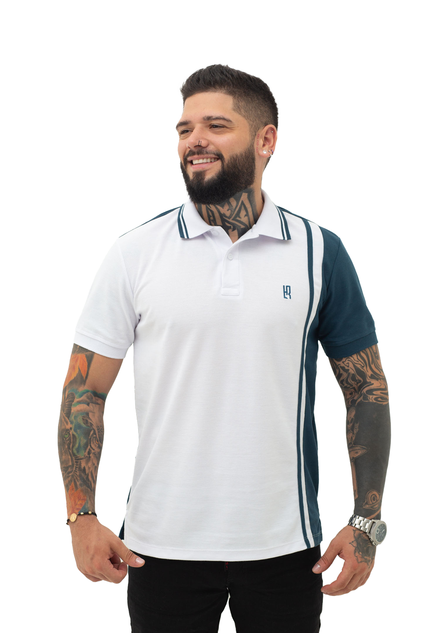 Grupo luthier frente Camiseta tipo polo combinada para hombre color blanco petroleo