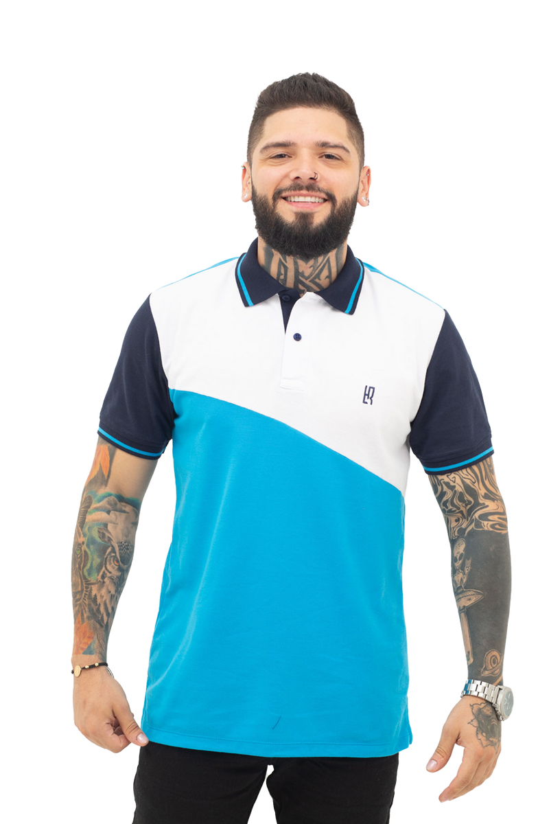 Grupo luthier frente Camiseta tipo polo combinada para hombre color blanco turquesa azul oscuro
