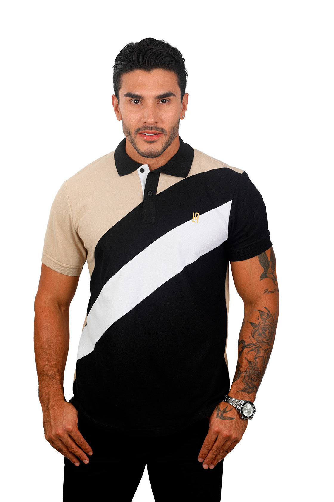 Grupo luthier frente Camiseta tipo polo combinada para hombre color caqui negro blanco