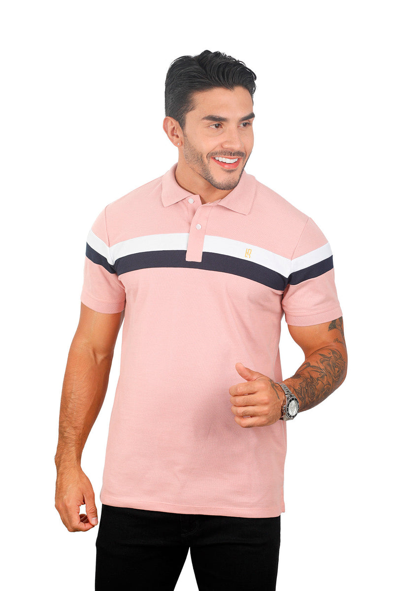 Grupo luthier frente Camiseta tipo polo combinada para hombre color guayaba blanco azul oscuro