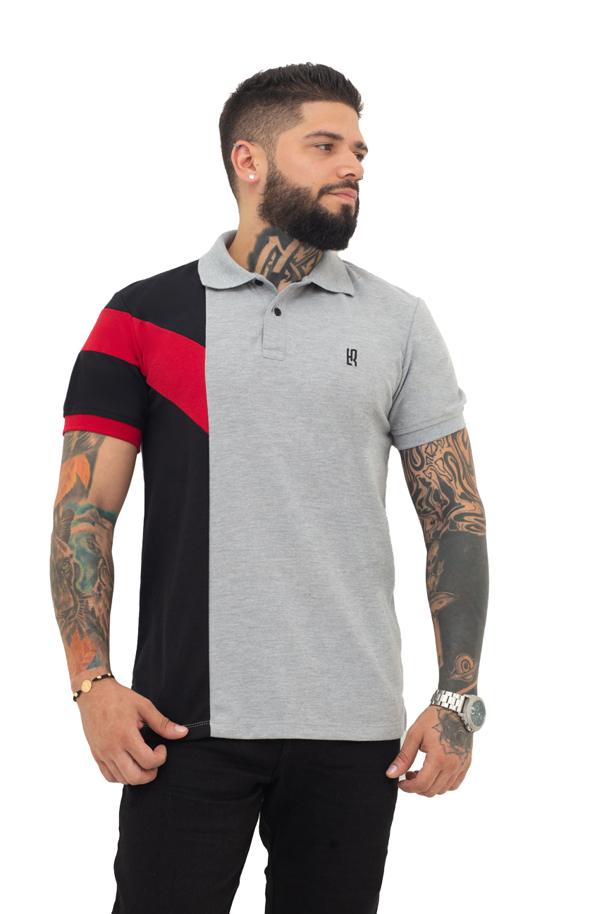 Grupo luthier frente Camiseta tipo polo combinada para hombre color jaspe negro rojo