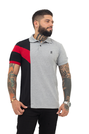 Grupo luthier frente Camiseta tipo polo combinada para hombre color jaspe negro rojo