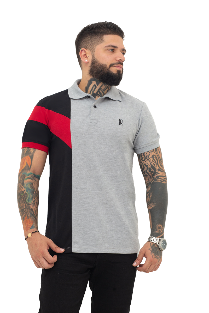 Grupo luthier frente Camiseta tipo polo combinada para hombre color jaspe negro rojo