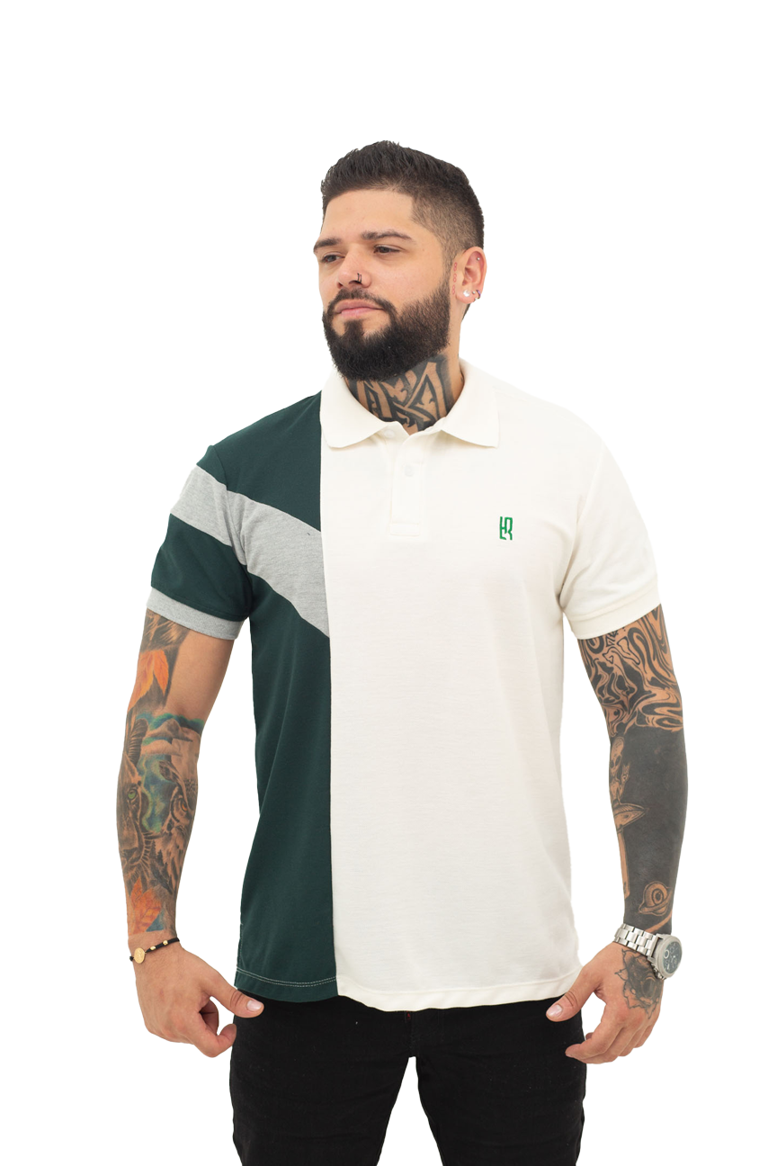 Grupo luthier frente Camiseta tipo polo combinada para hombre color marfil verde botella jaspe
