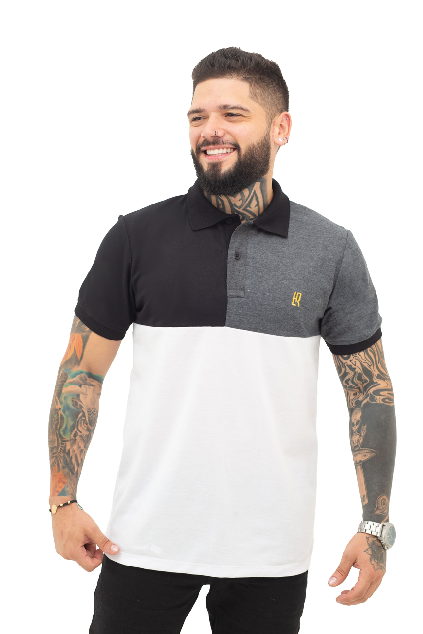 Grupo luthier frente Camiseta tipo polo combinada para hombre color negro cross blanco