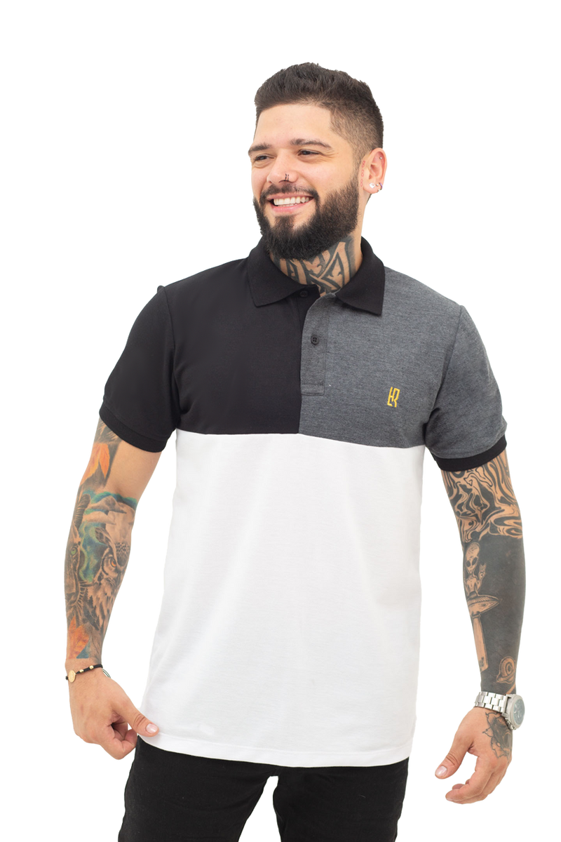 Grupo luthier frente Camiseta tipo polo combinada para hombre color negro cross blanco