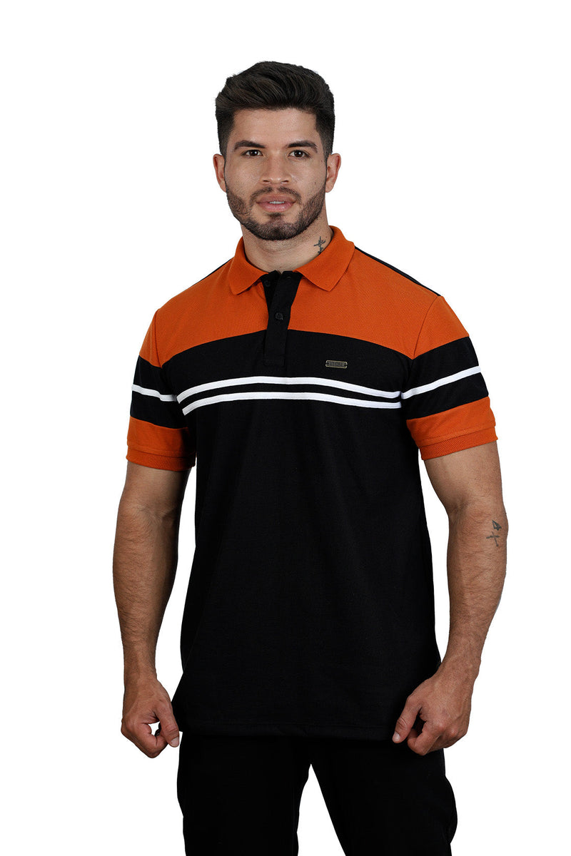 Grupo luthier frente Camiseta tipo polo combinada para hombre color negro terracota blanco
