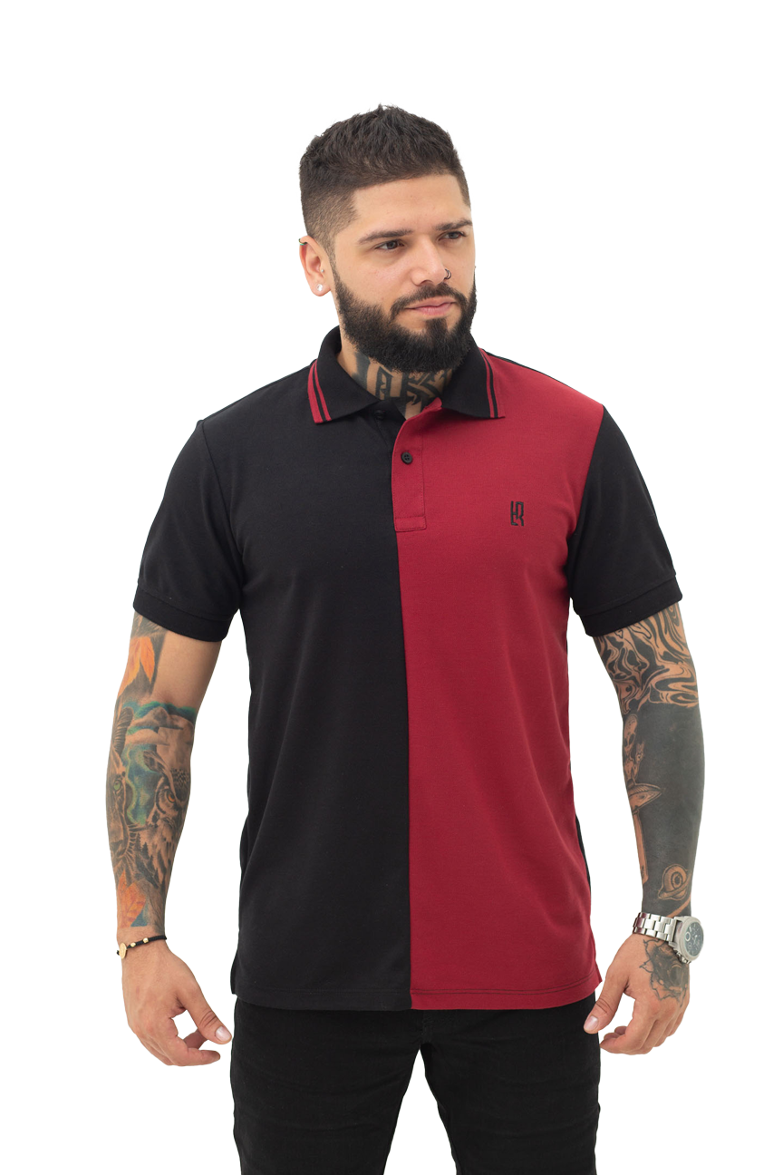Grupo luthier frente Camiseta tipo polo combinada para hombre color negro vinotinto
