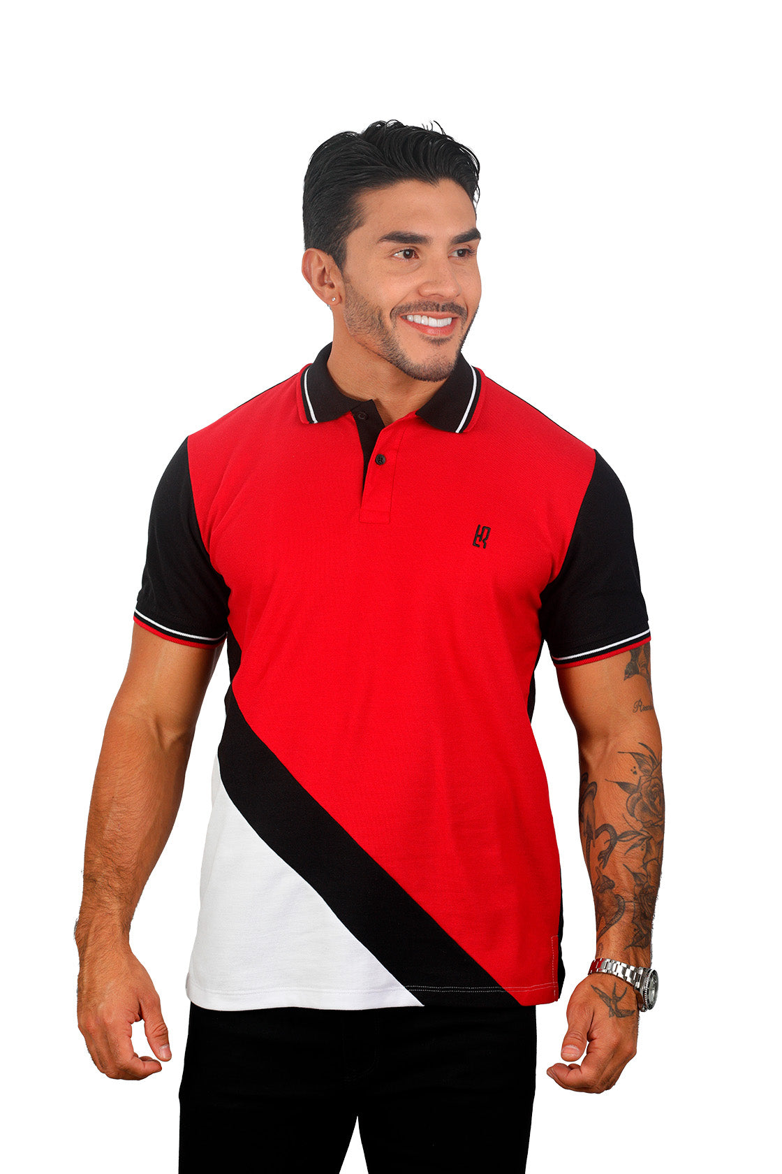 Grupo luthier frente Camiseta tipo polo combinada para hombre color rojo negro blanco