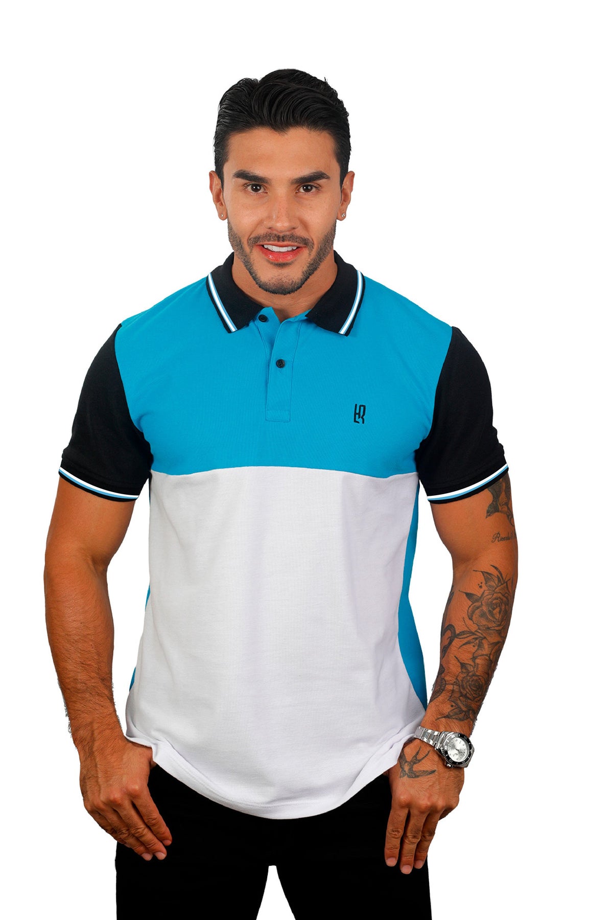 Grupo luthier frente Camiseta tipo polo combinada para hombre color turquesa negro blanco