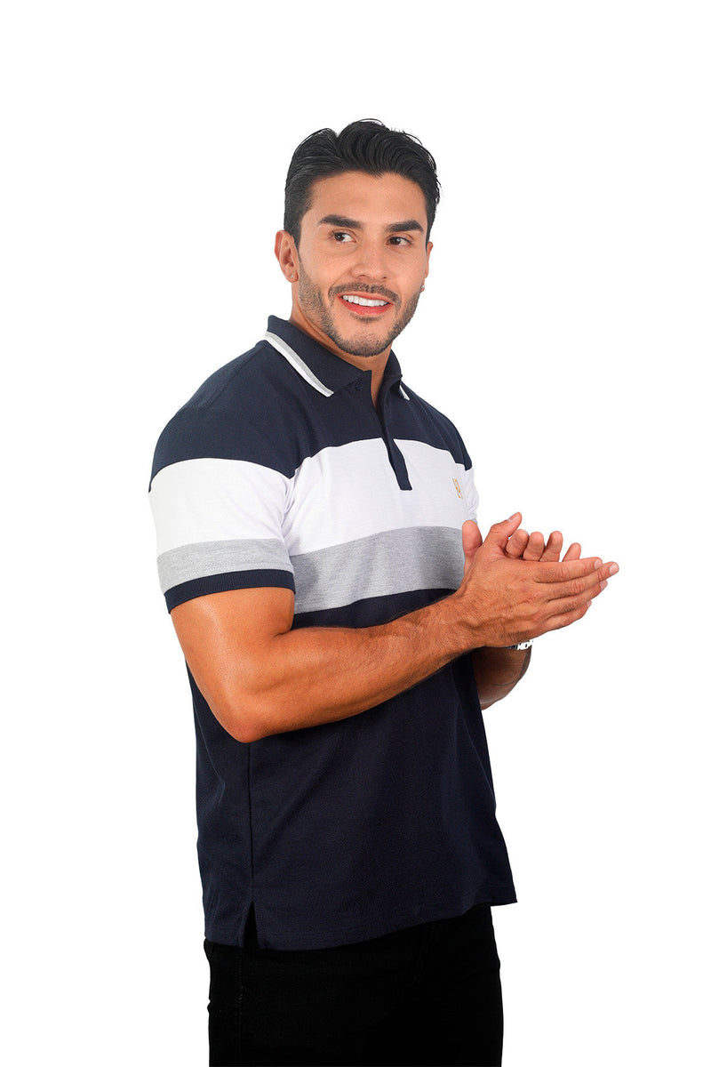 Grupo luthier lado 1 Camiseta tipo polo combinada para hombre color azul oscuro blanco jaspe