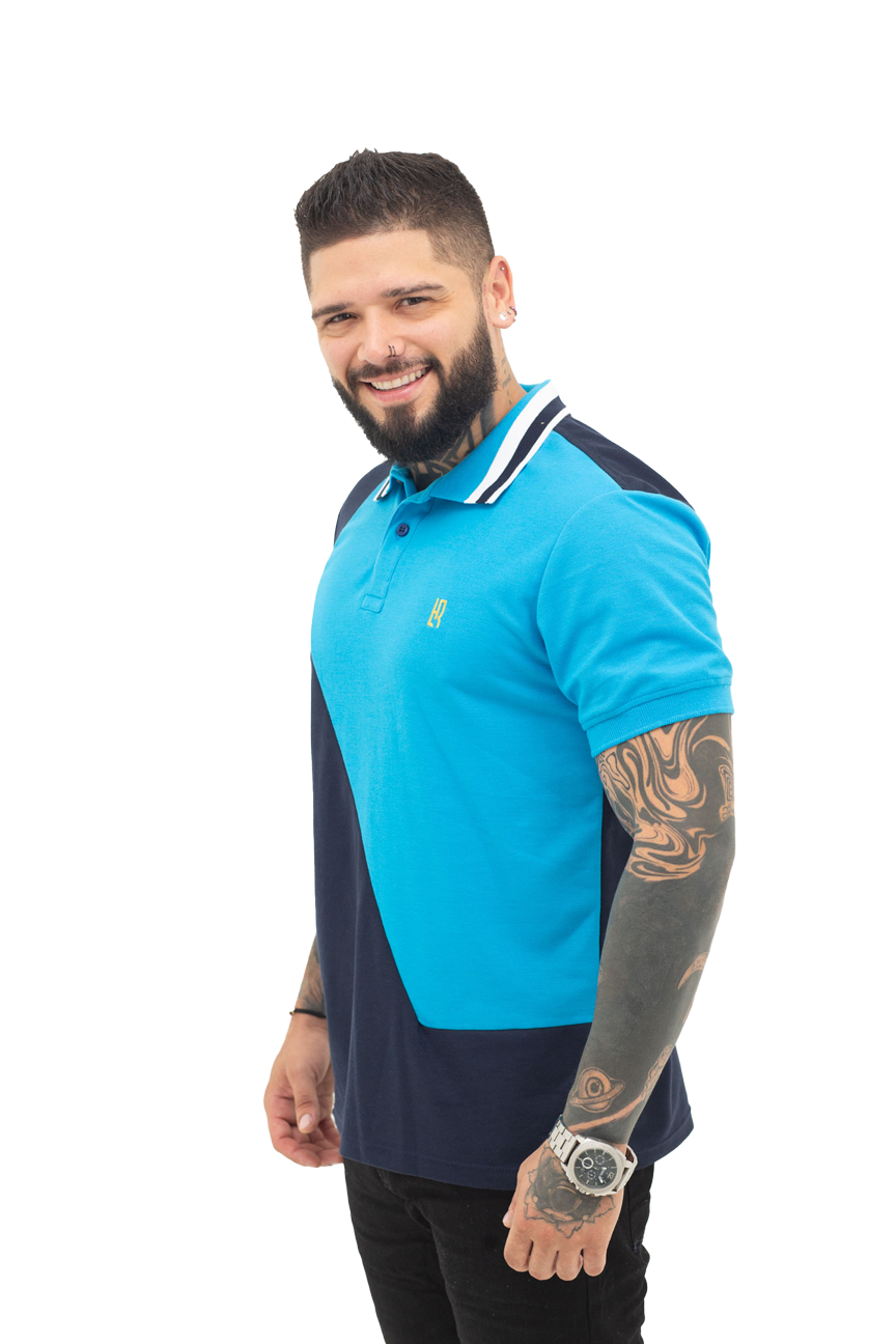 Grupo luthier lado 1 Camiseta tipo polo combinada para hombre color azul oscuro turquesa