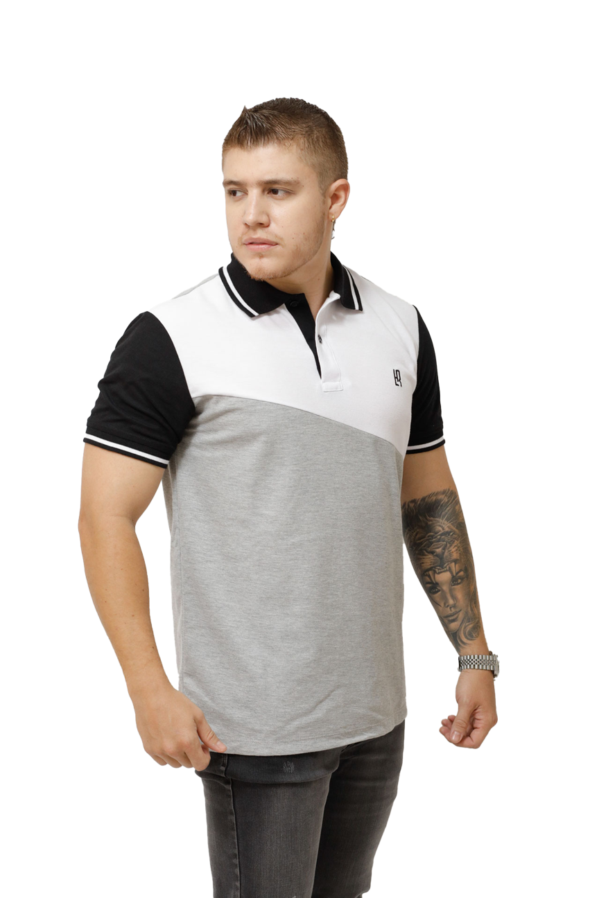 Grupo luthier lado 1 Camiseta tipo polo combinada para hombre color blanco jaspe negro