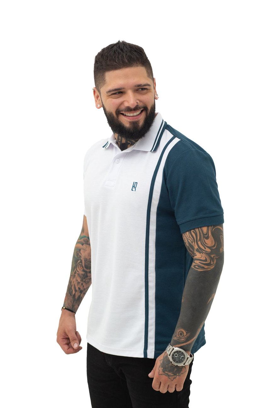 Grupo luthier lado 1 Camiseta tipo polo combinada para hombre color blanco petroleo