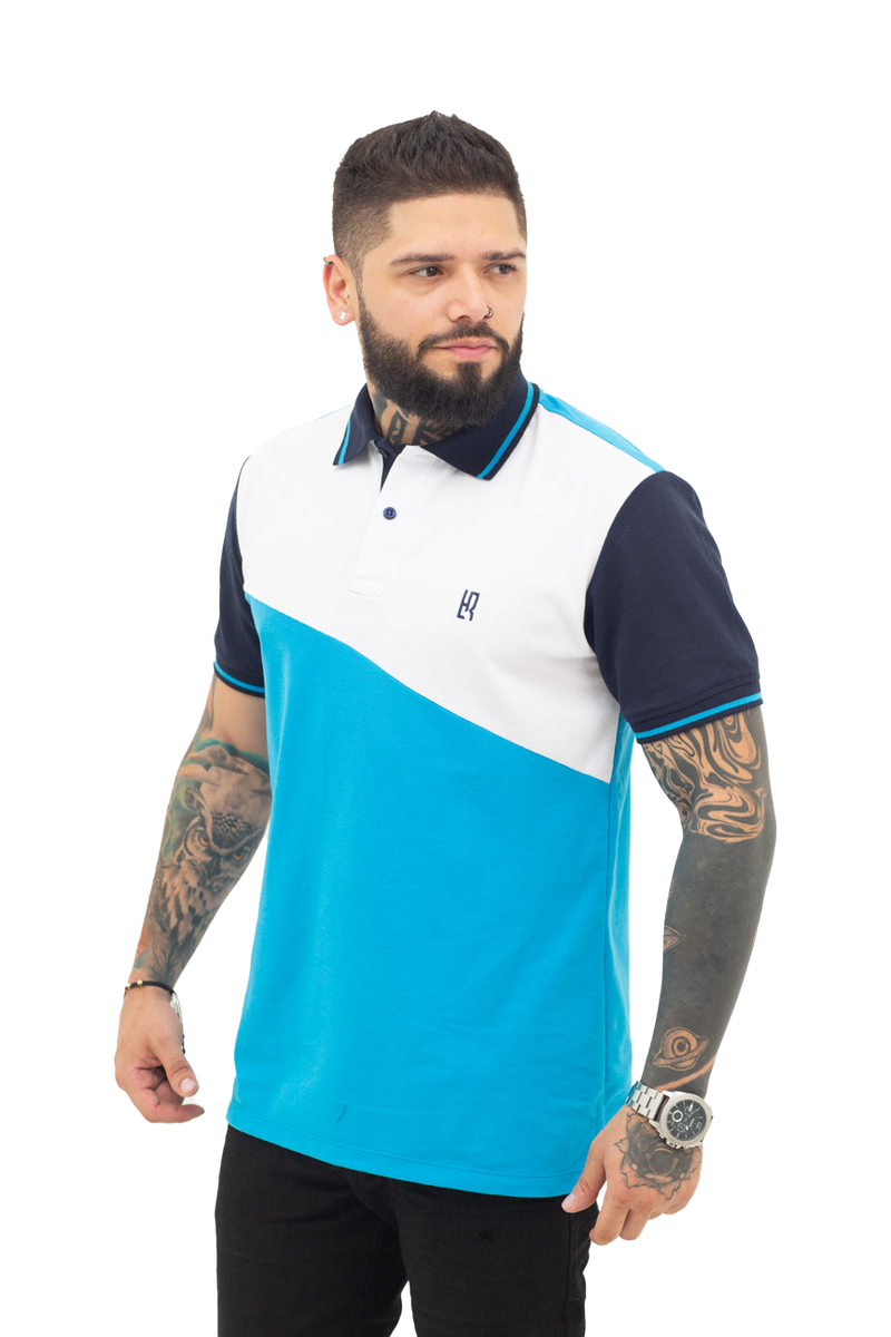 Grupo luthier lado 1 Camiseta tipo polo combinada para hombre color blanco turquesa azul oscuro
