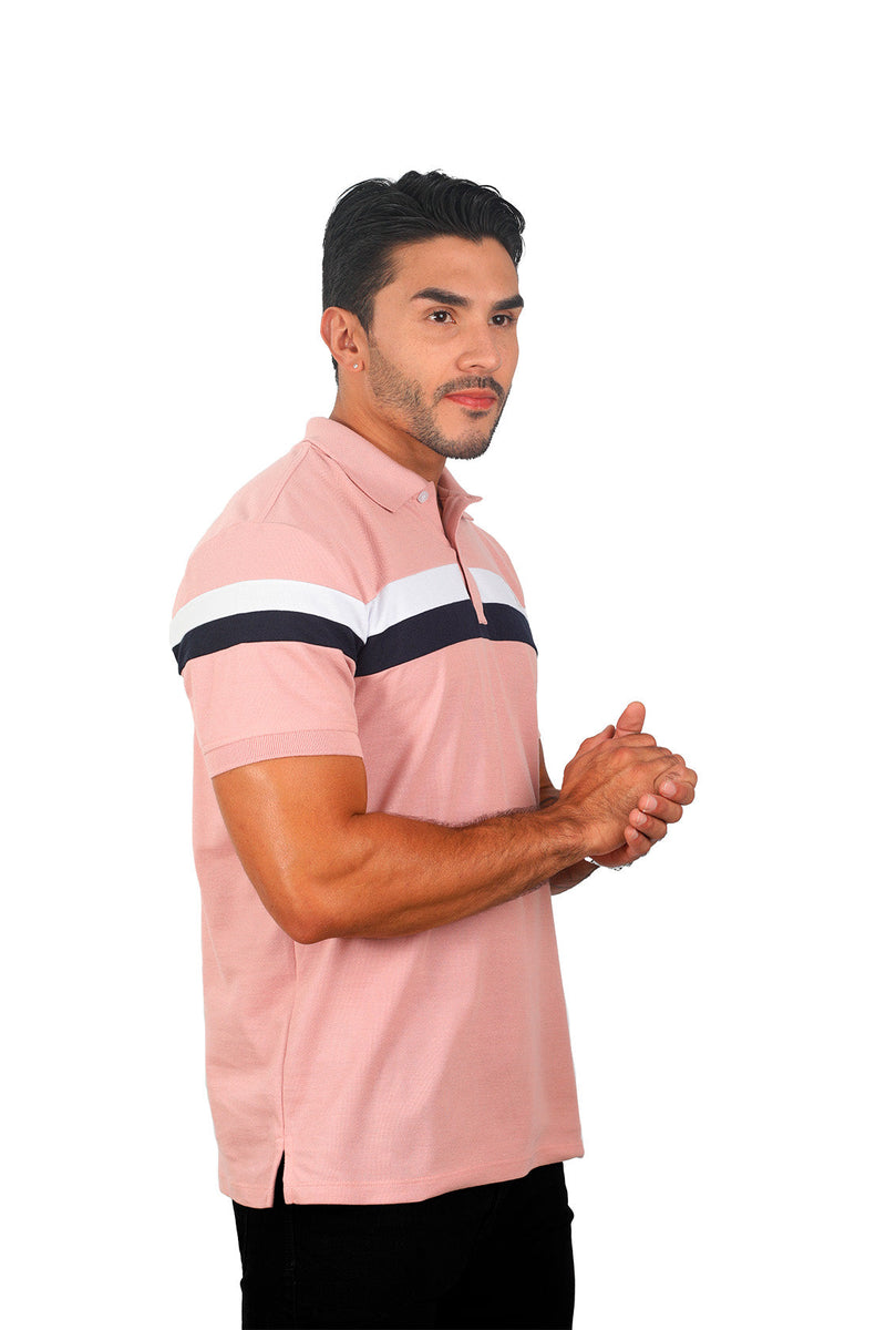 Grupo luthier lado 1 Camiseta tipo polo combinada para hombre color guayaba blanco azul oscuro