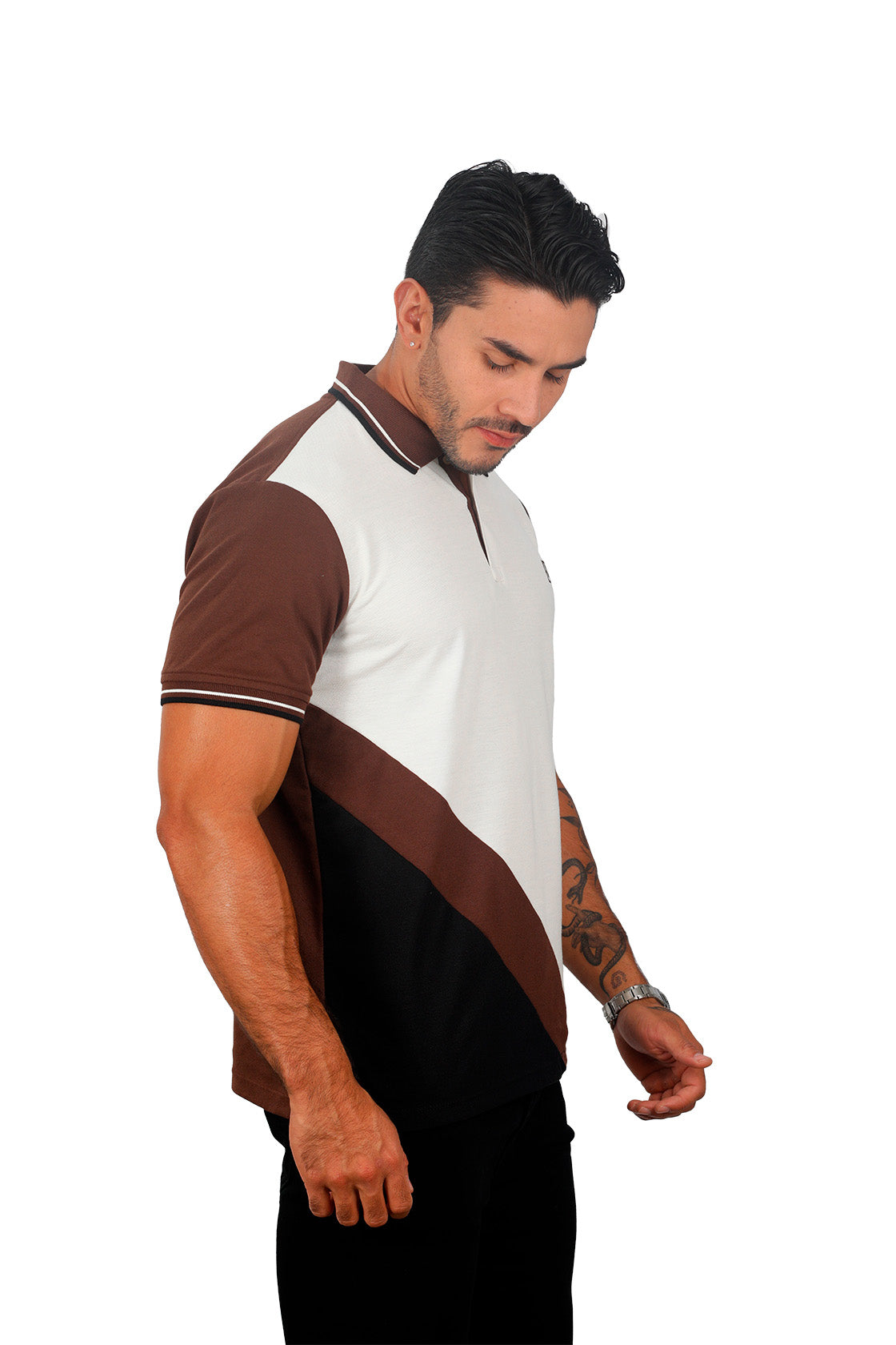 Grupo luthier lado 1 Camiseta tipo polo combinada para hombre color marfil cafe negro