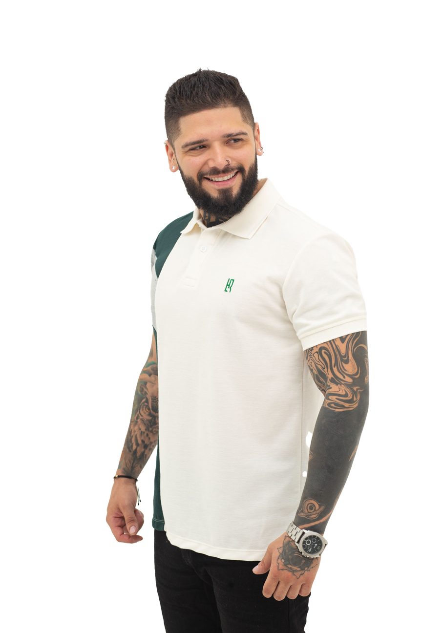 Grupo luthier lado 1 Camiseta tipo polo combinada para hombre color marfil verde botella jaspe