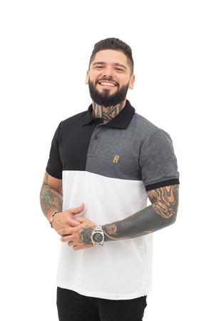 Grupo luthier lado 1 Camiseta tipo polo combinada para hombre color negro cross blanco