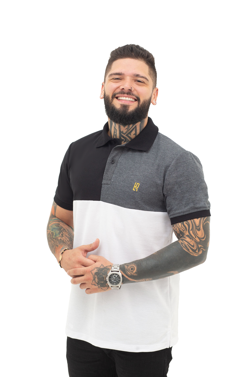 Grupo luthier lado 1 Camiseta tipo polo combinada para hombre color negro cross blanco