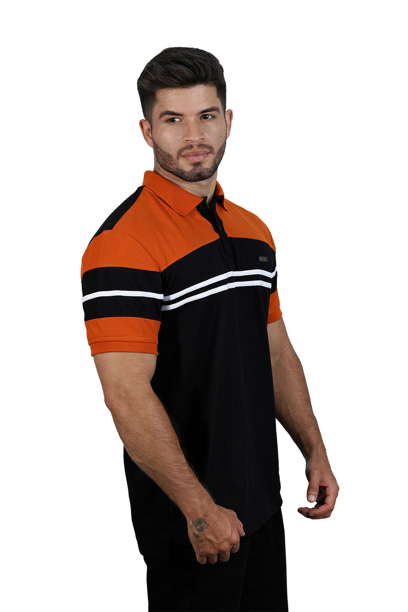 Grupo luthier lado 1 Camiseta tipo polo combinada para hombre color negro terracota blanco