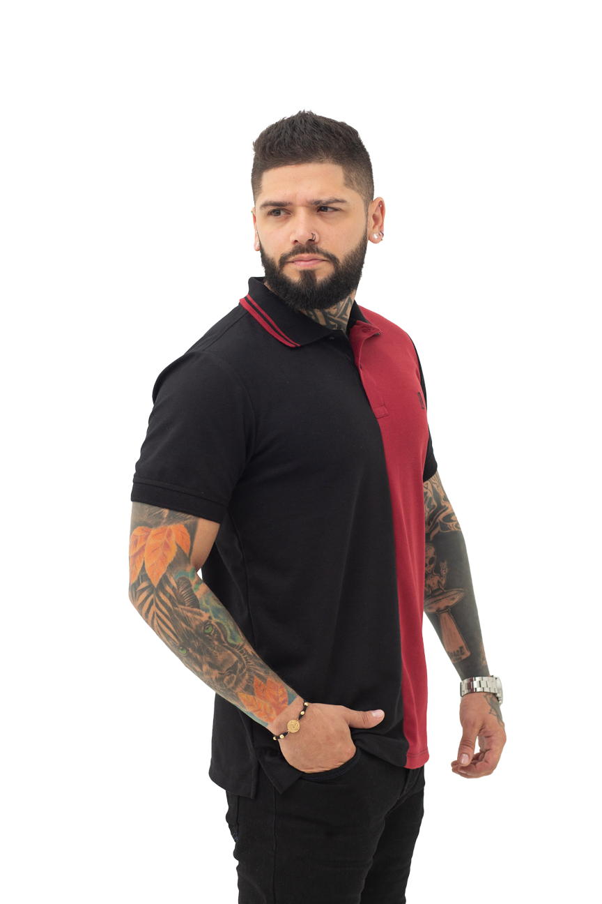 Grupo luthier lado 1 Camiseta tipo polo combinada para hombre color negro vinotinto