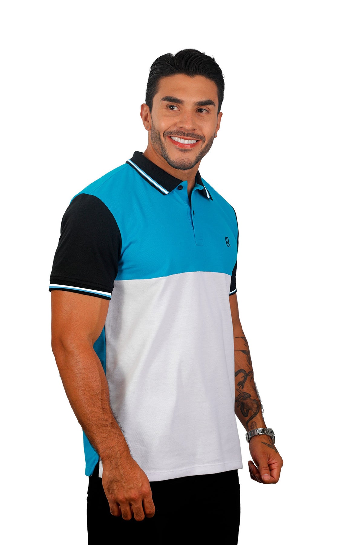 Grupo luthier  lado 1 Camiseta tipo polo combinada para hombre color turquesa negro blanco