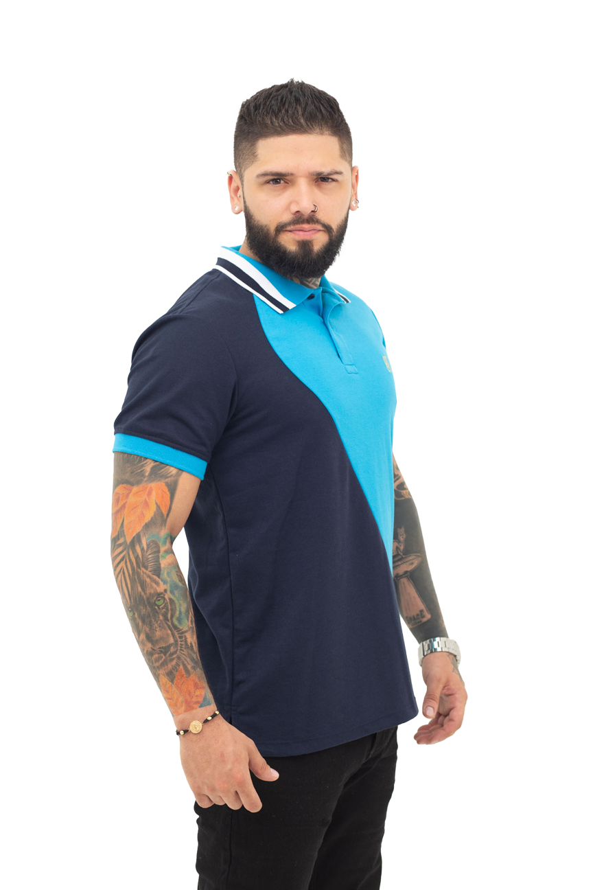 Grupo luthier frente Camiseta tipo polo combinada para hombre color azul oscuro turquesa