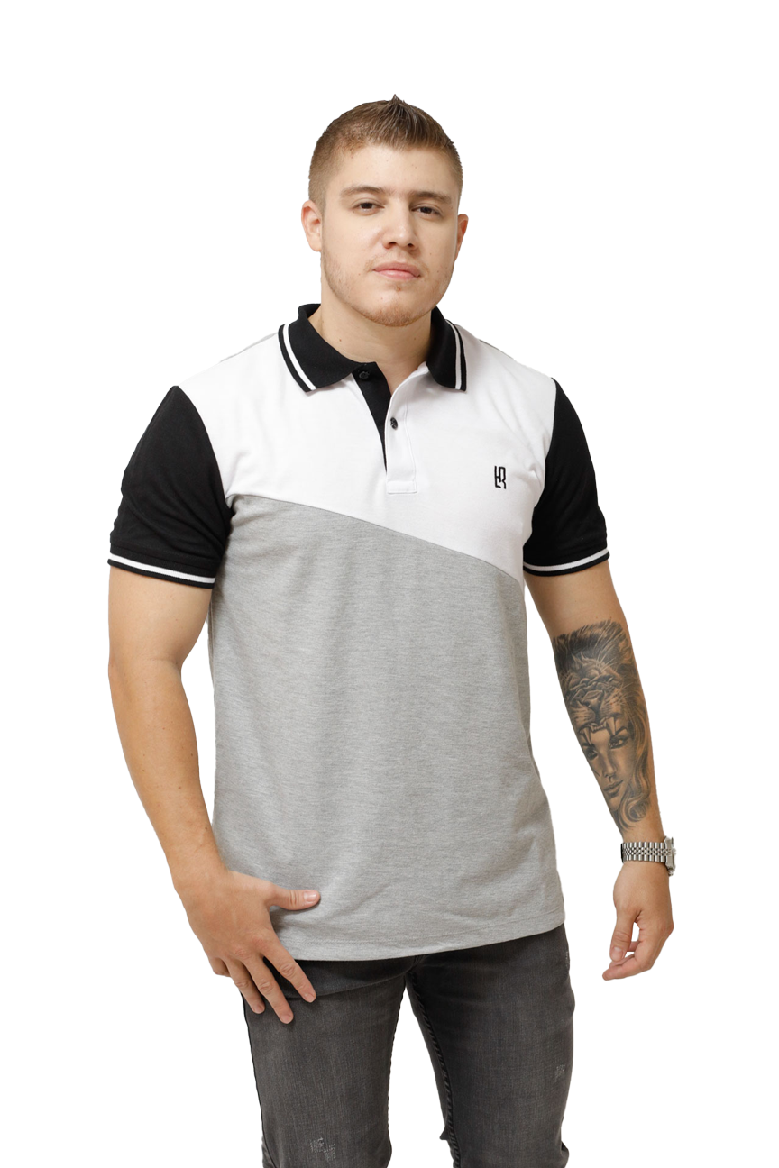 Grupo luthier lado 2 Camiseta tipo polo combinada para hombre color blanco jaspe negro