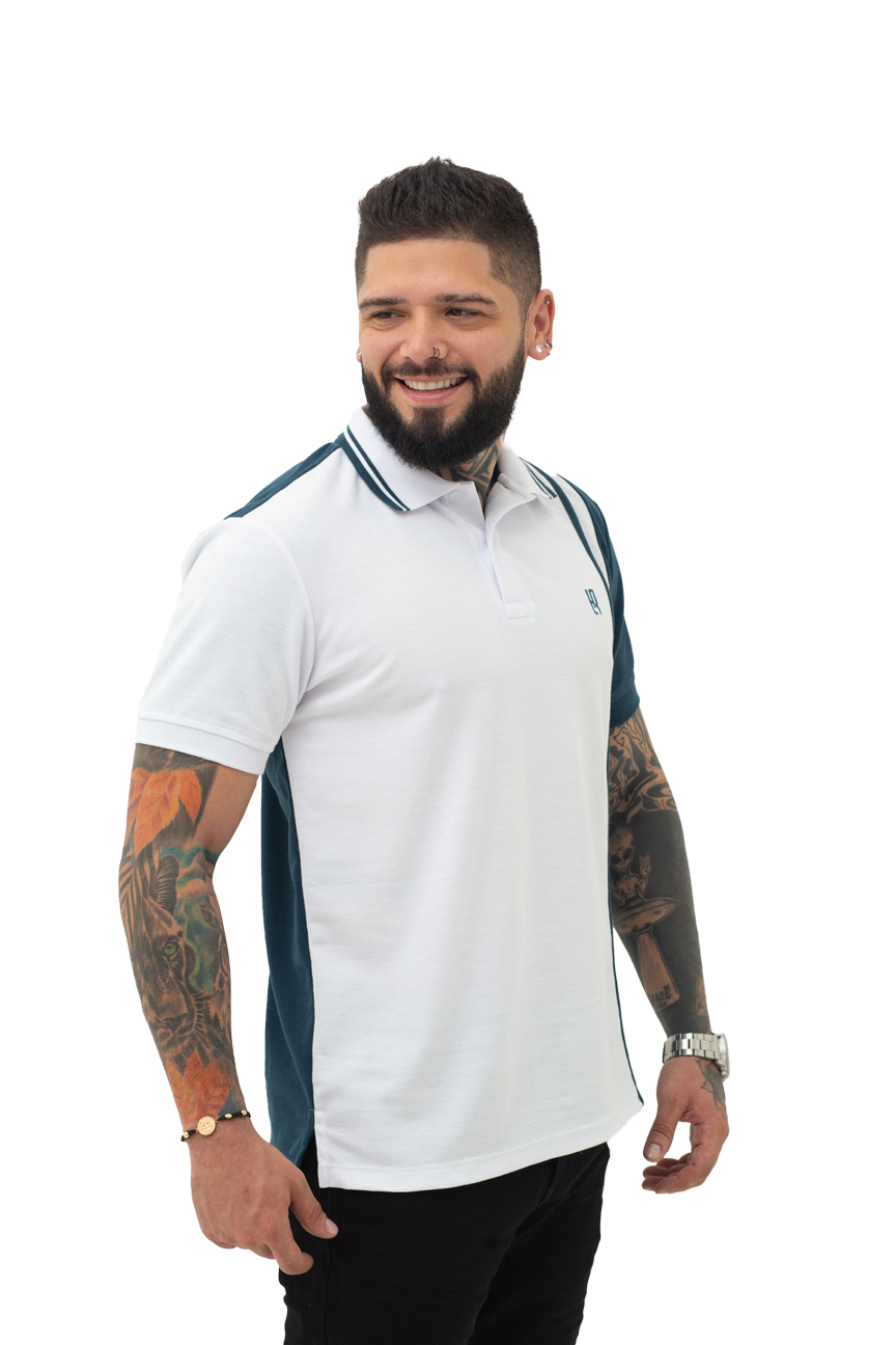 Grupo luthier lado 2 Camiseta tipo polo combinada para hombre color blanco petroleo