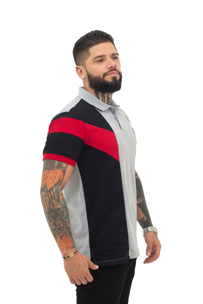 Grupo luthier lado 2 Camiseta tipo polo combinada para hombre color jaspe negro rojo