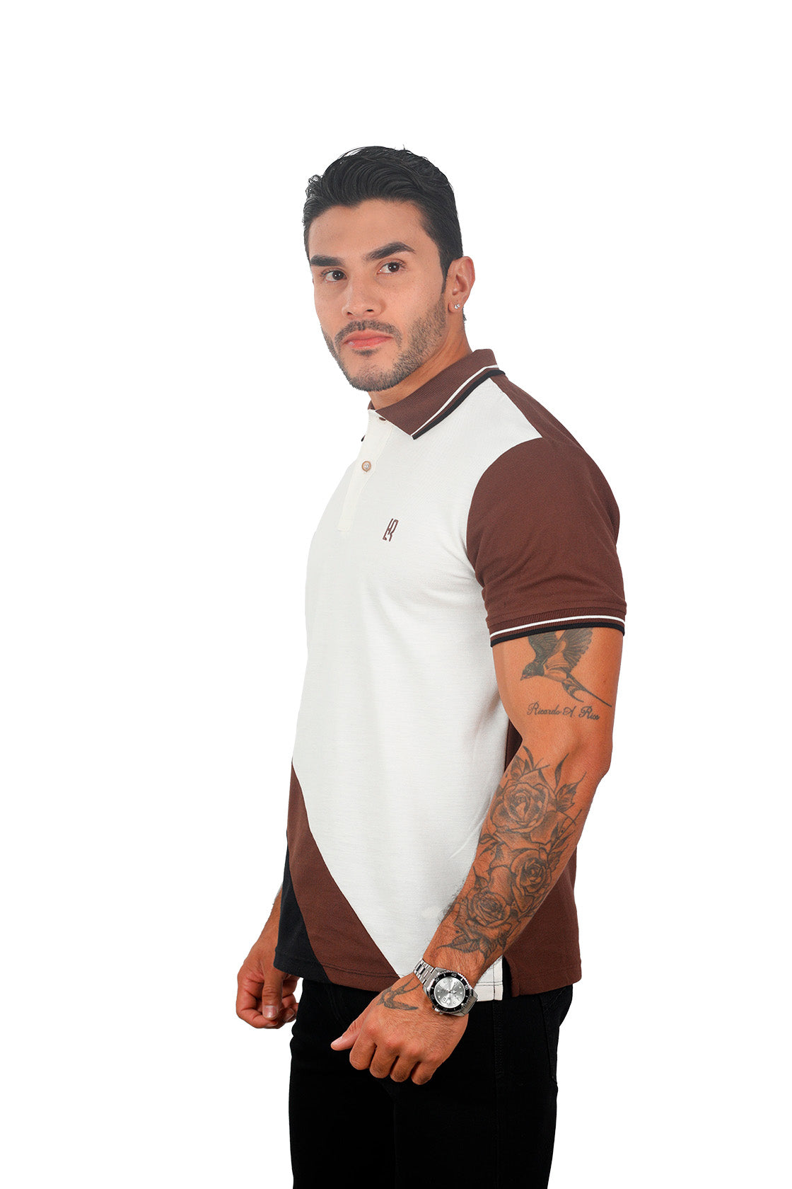 Grupo luthier lado 2 Camiseta tipo polo combinada para hombre color marfil cafe negro