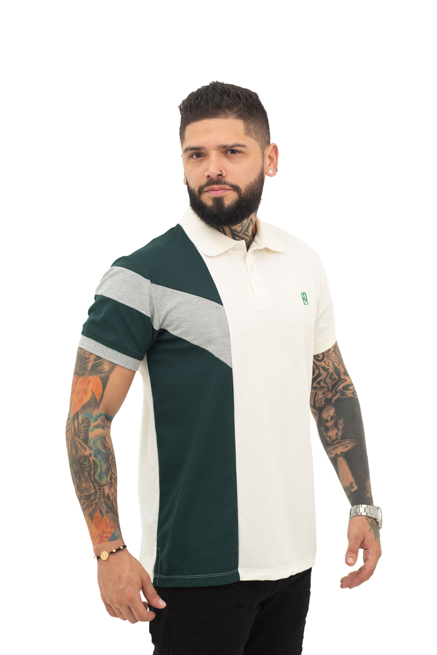 Grupo luthier lado 2 Camiseta tipo polo combinada para hombre color marfil verde botella jaspe