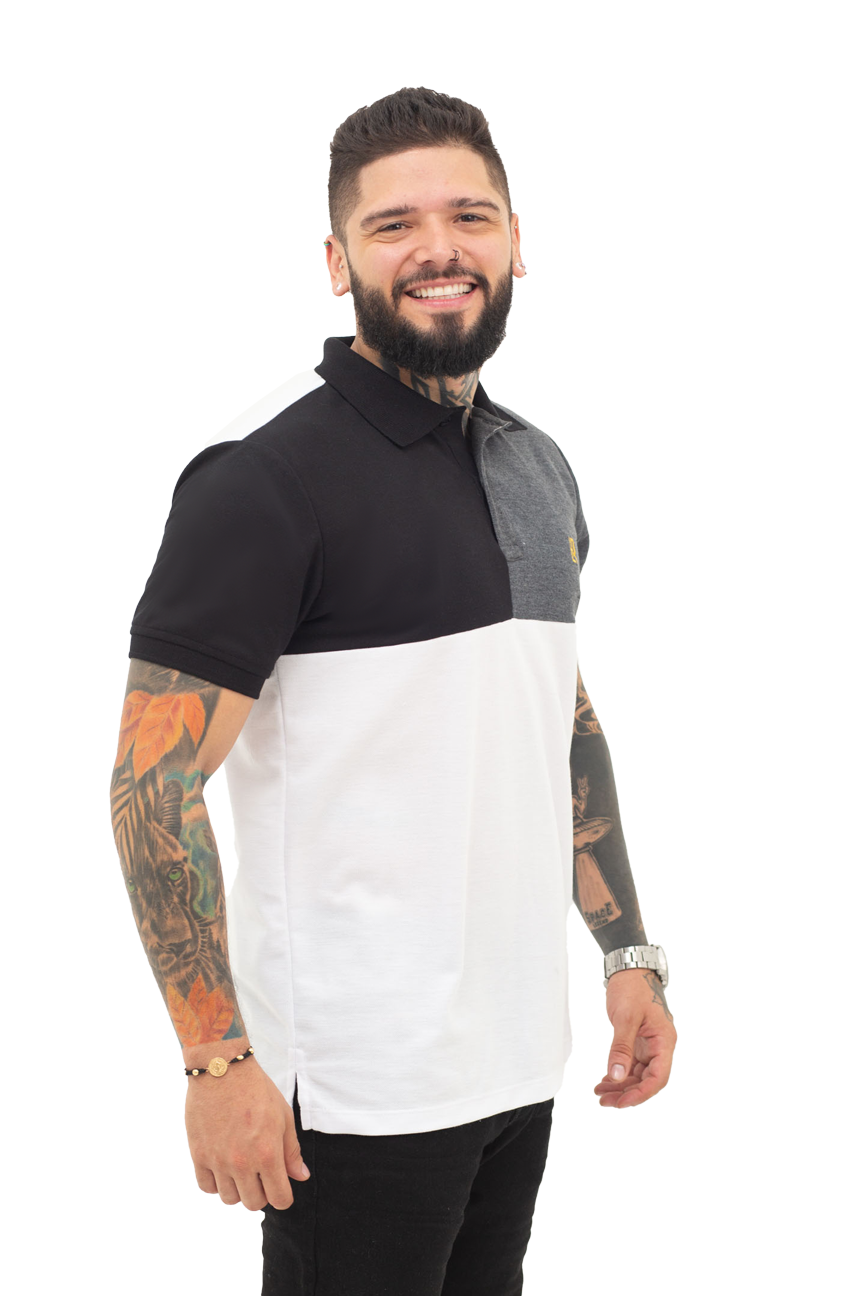 Grupo luthier lado 2 Camiseta tipo polo combinada para hombre color negro cross blanco