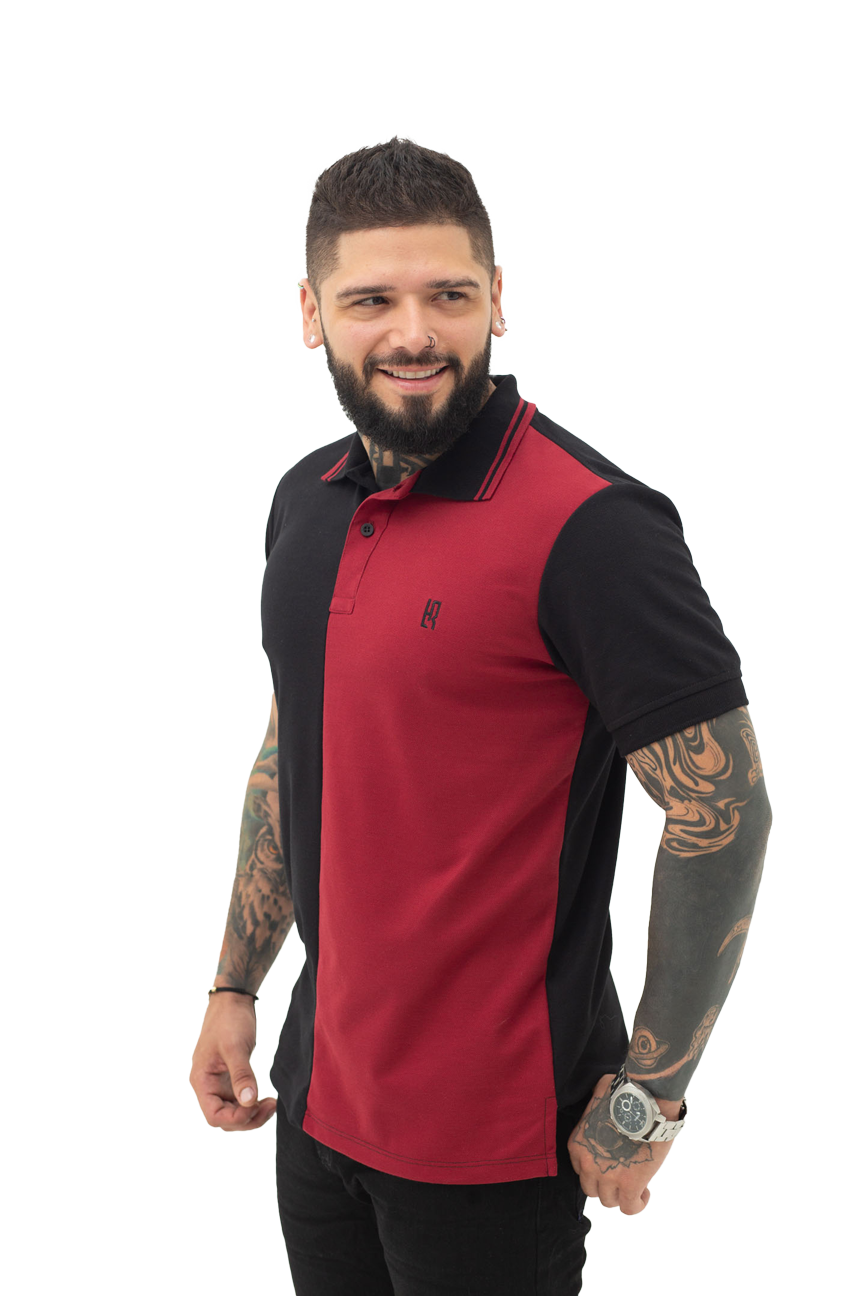 Grupo luthier lado 2 Camiseta tipo polo combinada para hombre color negro vinotinto
