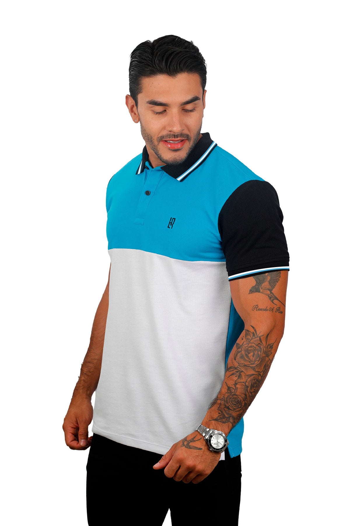 Grupo luthier lado 2  Camiseta tipo polo combinada para hombre color turquesa negro blanco