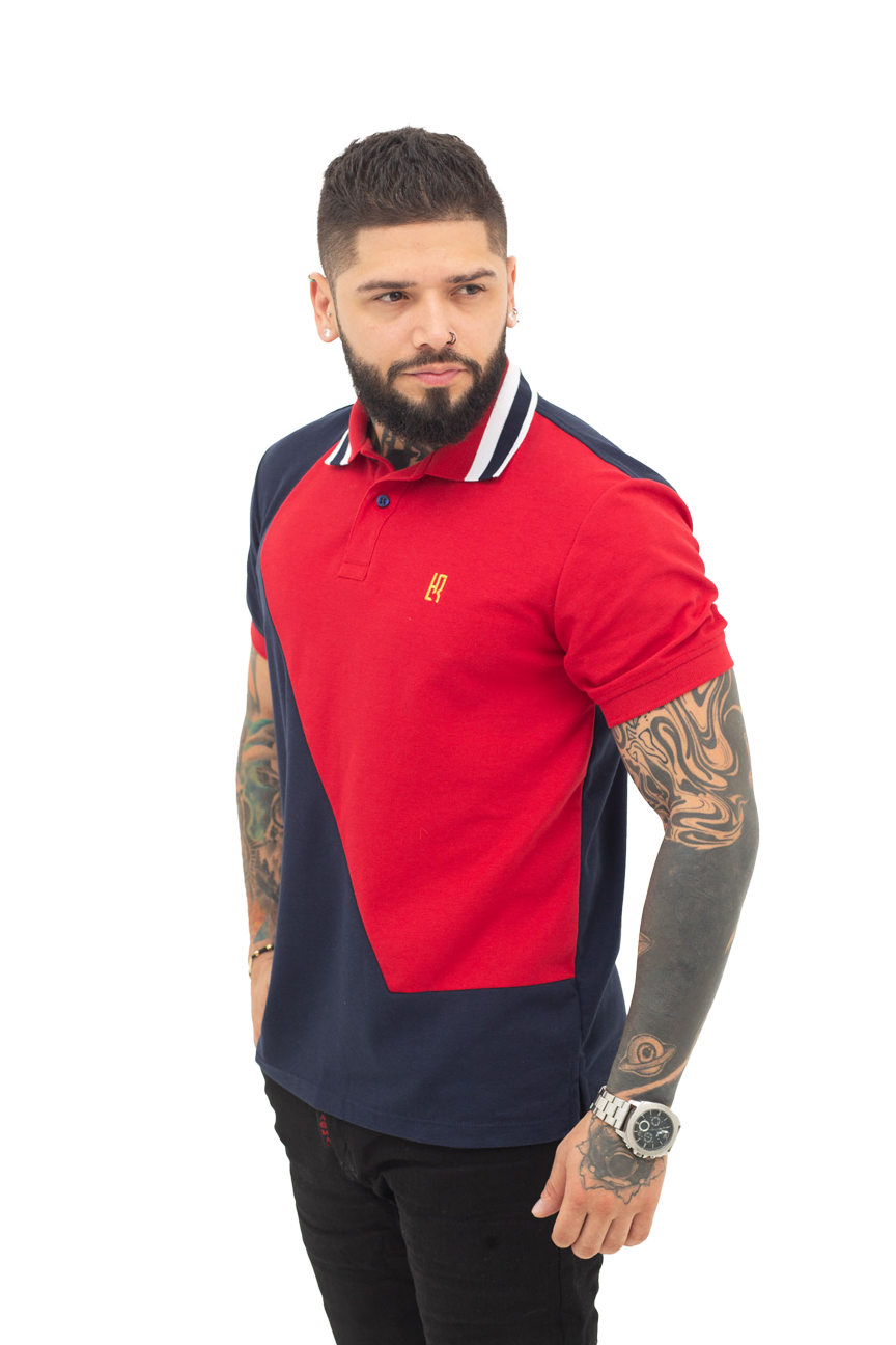 Grupo luthier lado 1 Camiseta tipo polo combinada para hombre color azul oscuro rojo