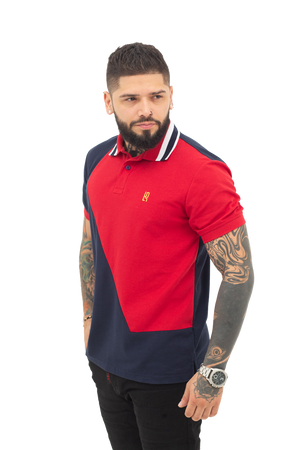 Grupo luthier lado 1 Camiseta tipo polo combinada para hombre color azul oscuro rojo