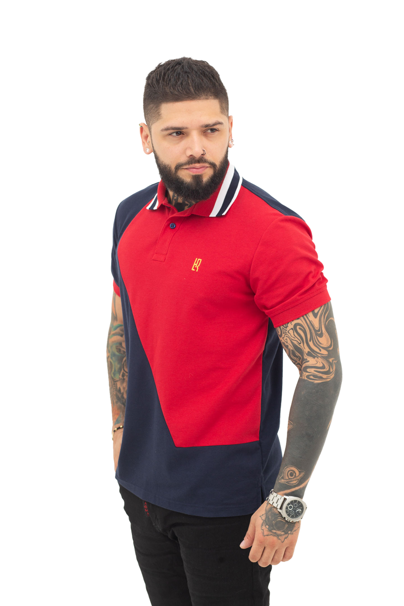 Grupo luthier lado 1 Camiseta tipo polo combinada para hombre color azul oscuro rojo
