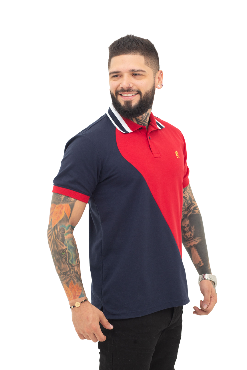 Grupo luthier lado 1 Camiseta tipo polo combinada para hombre color azul oscuro rojo
