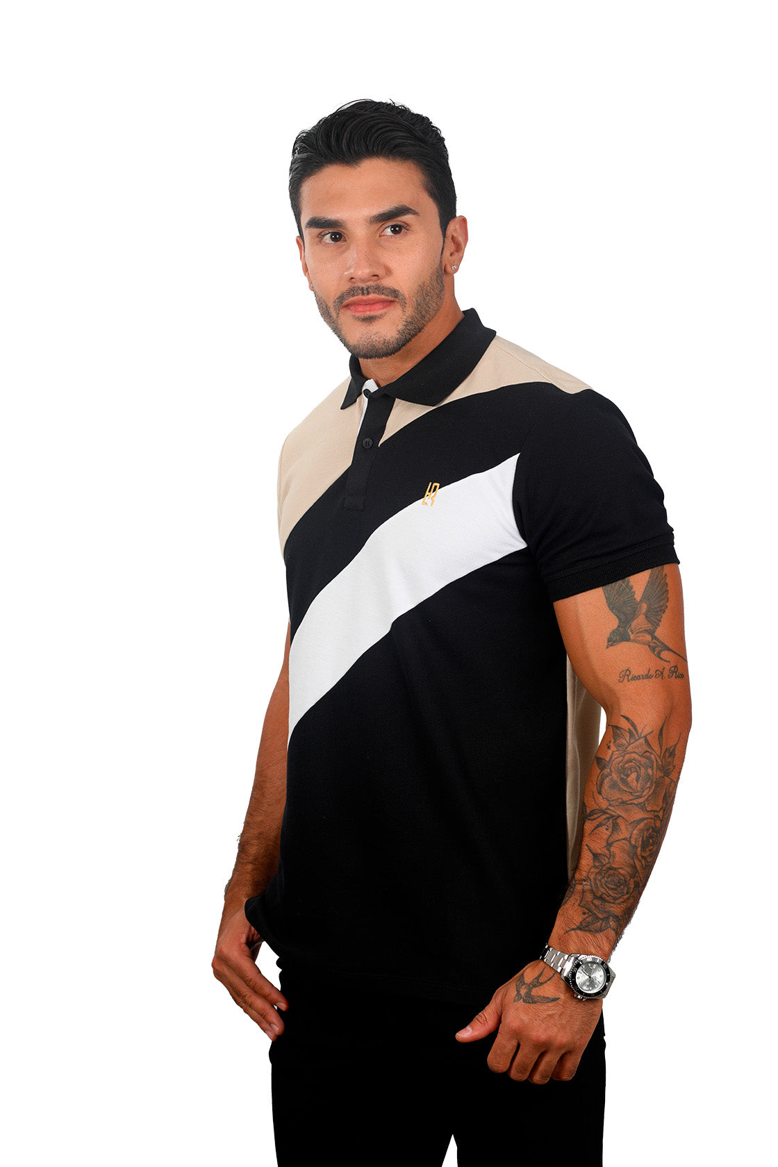 Grupo luthier lado Camiseta tipo polo combinada para hombre color caqui negro blanco