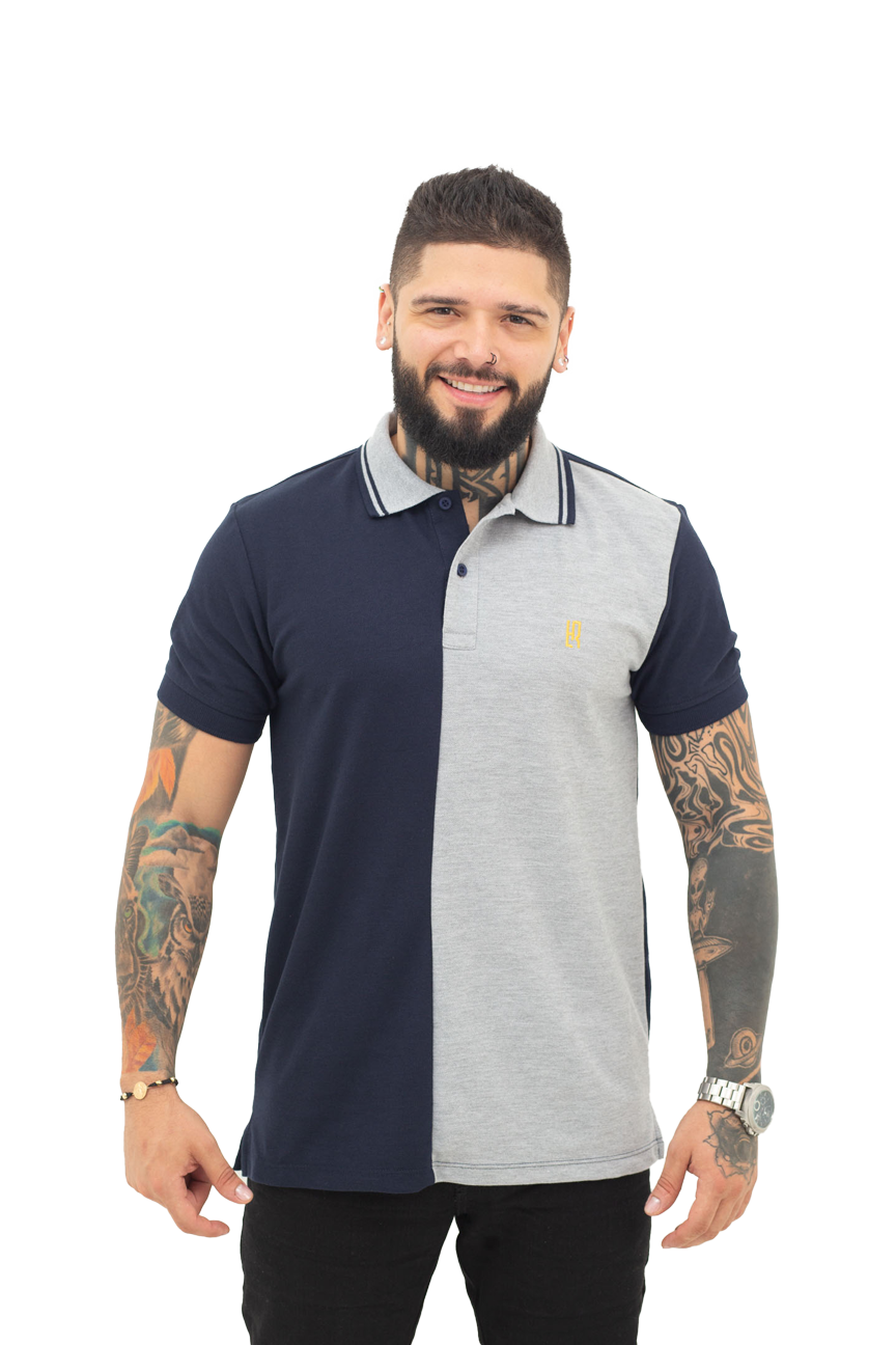 Grupo lutier frente Camiseta tipo polo combinada para hombre color azul oscuro jaspe
