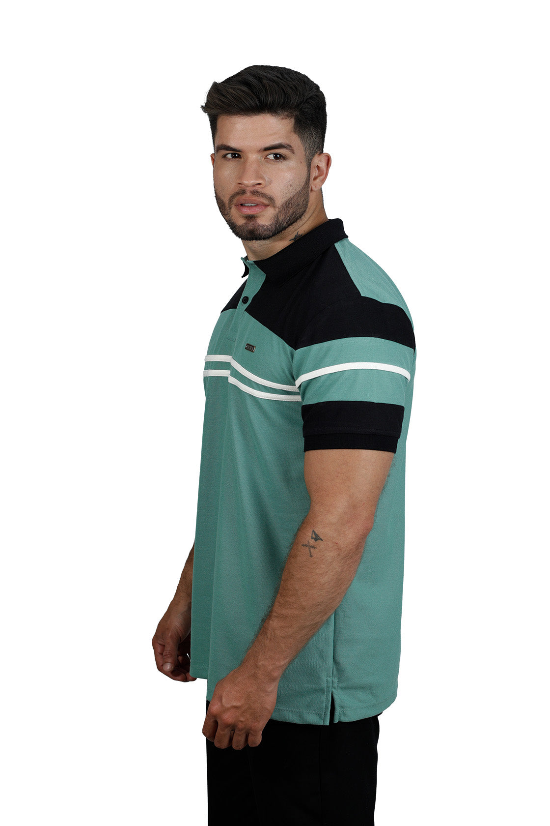 Camiseta tipo polo combinada para hombre color verde olivo negro marfil