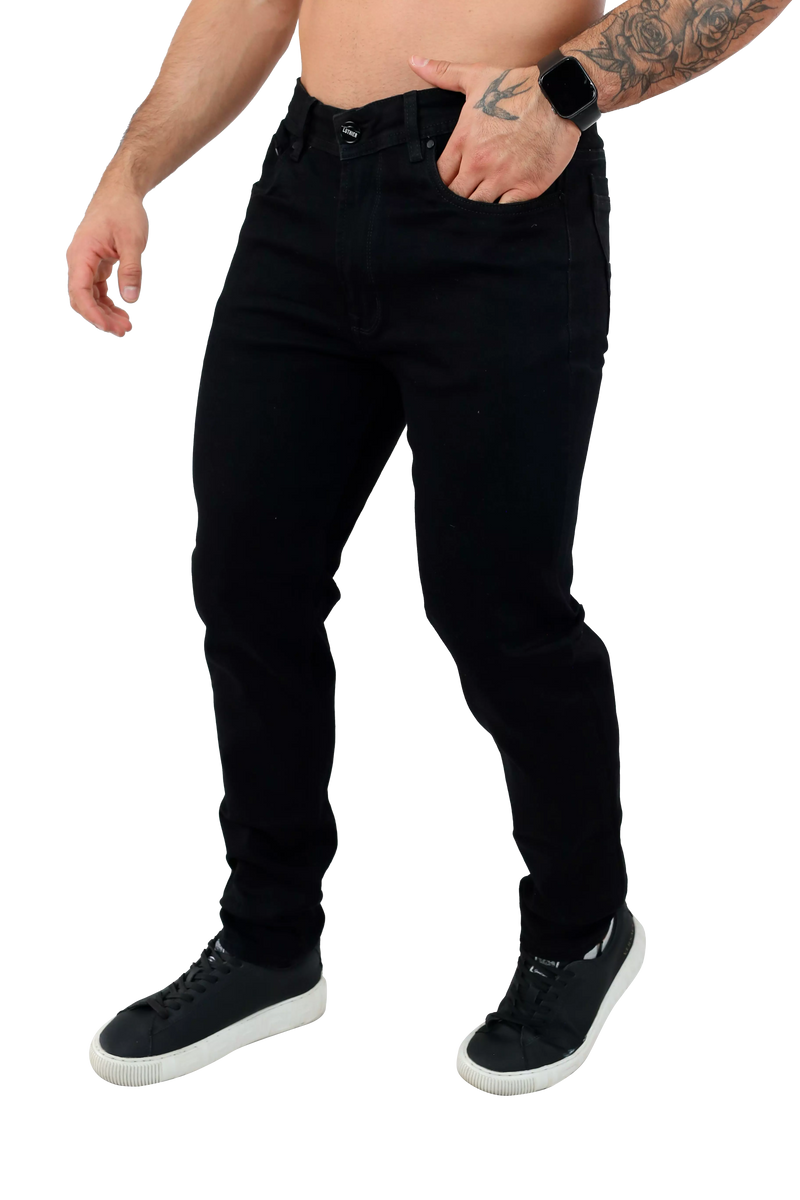 Jeans para hombre bota recta licrado clásico  sin desgaste color negro lado 1