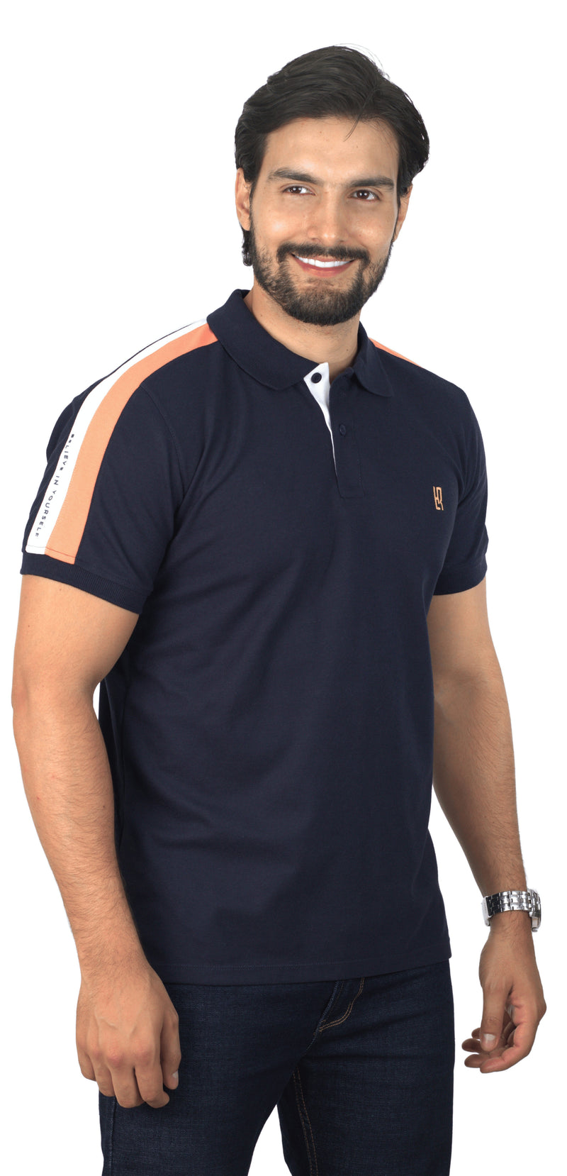 Camiseta Tipo Polo Combinada Para Hombre Jacquard Color Azul Oscuro  Blanco Mandarina