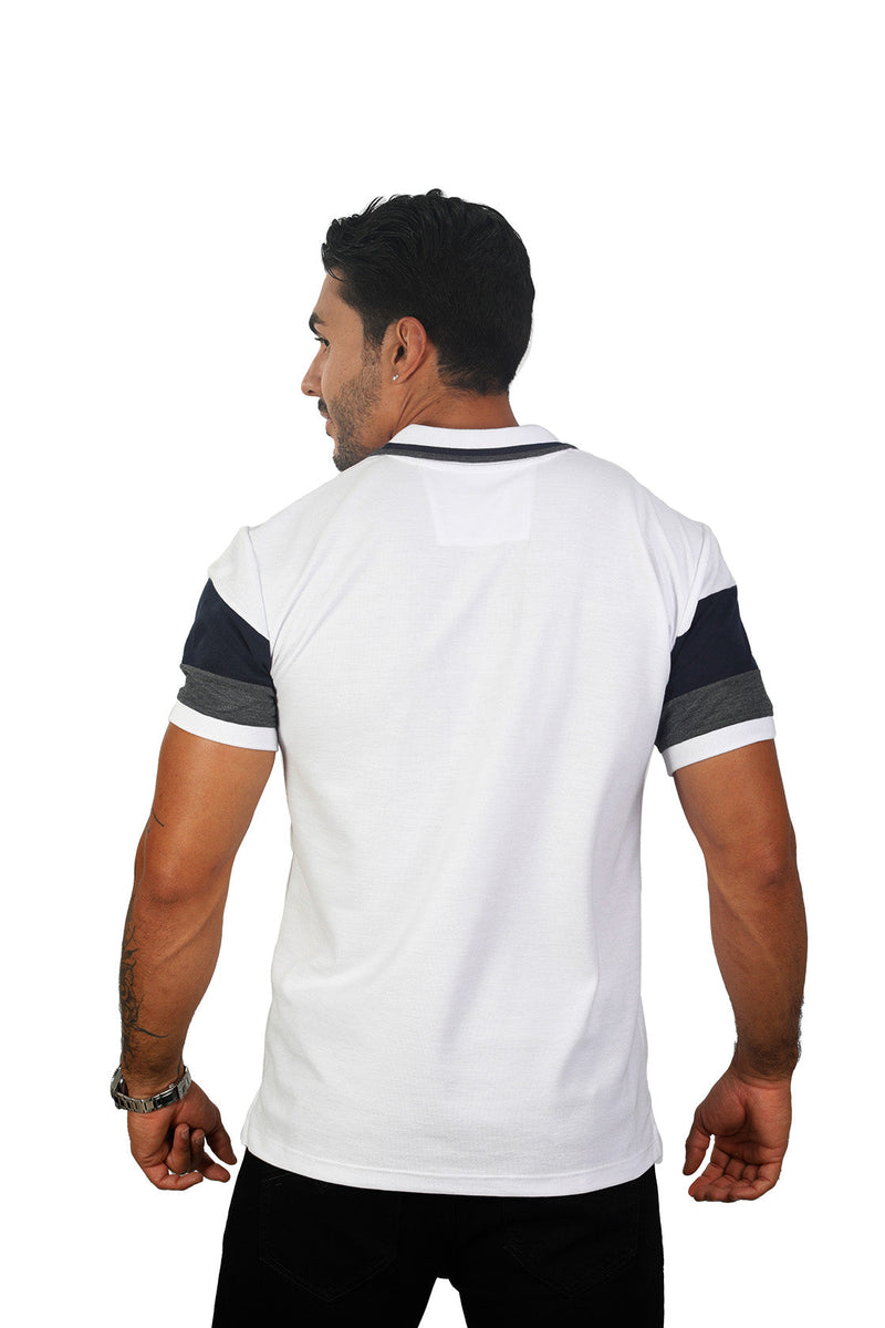 grupo luthier espalda Camiseta tipo polo combinada para hombre color blanco azul oscuro cross