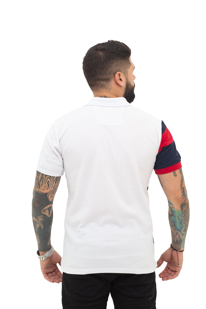 grupo luthier espalda Camiseta tipo polo combinada para hombre color blanco azul oscuro rojo