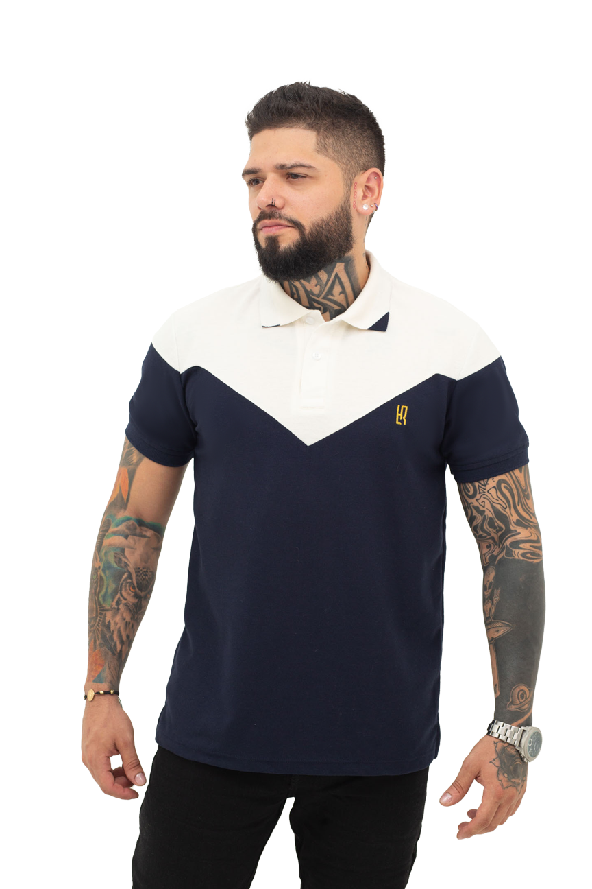 grupo luthier frente Camiseta tipo polo combinada para hombre color azul oscuro marfil