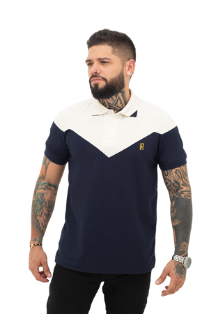 grupo luthier frente Camiseta tipo polo combinada para hombre color azul oscuro marfil