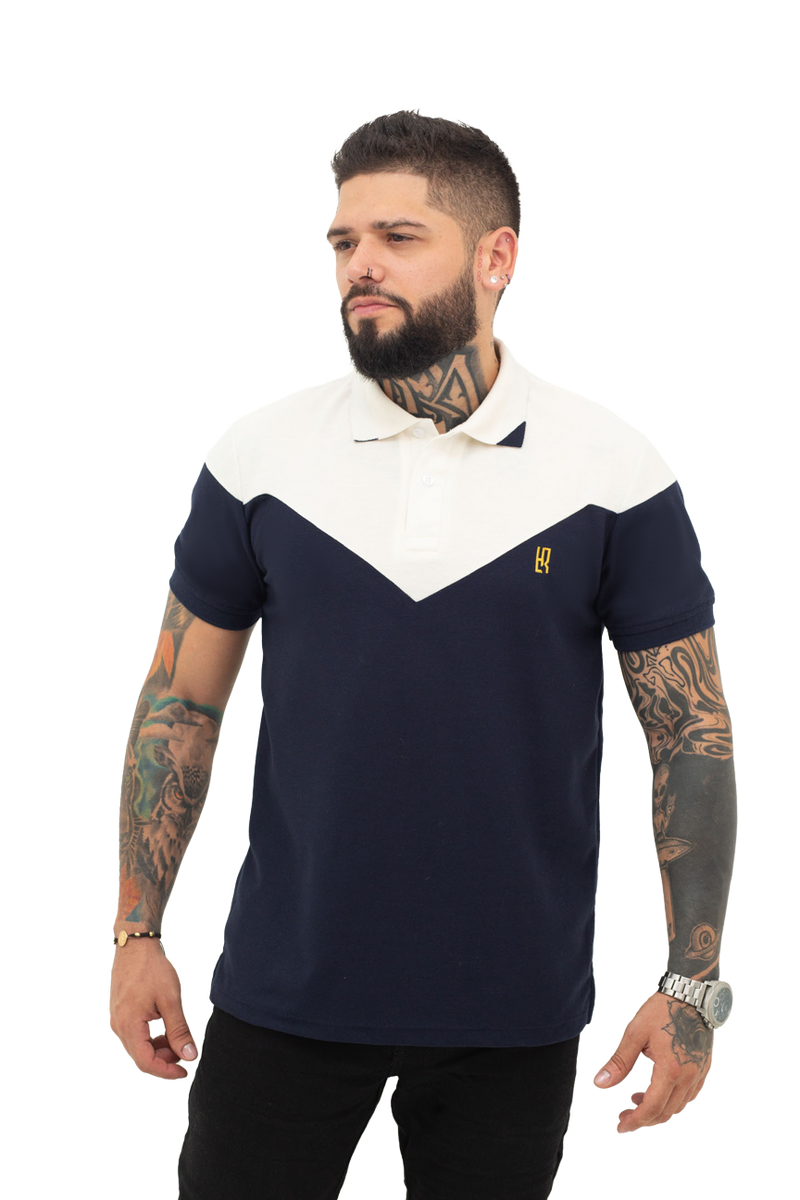 grupo luthier frente Camiseta tipo polo combinada para hombre color azul oscuro marfil